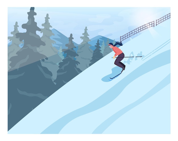 Female character wearing an outerwear skiing. Skiing woman sliding