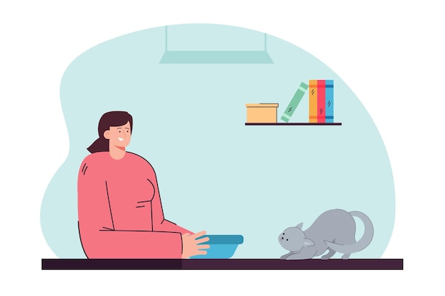 Female character with bowl in hands and cat asking for food on table. Woman feeding her pet flat vector illustration. Pet care, friendship concept for banner, website design or landing web page