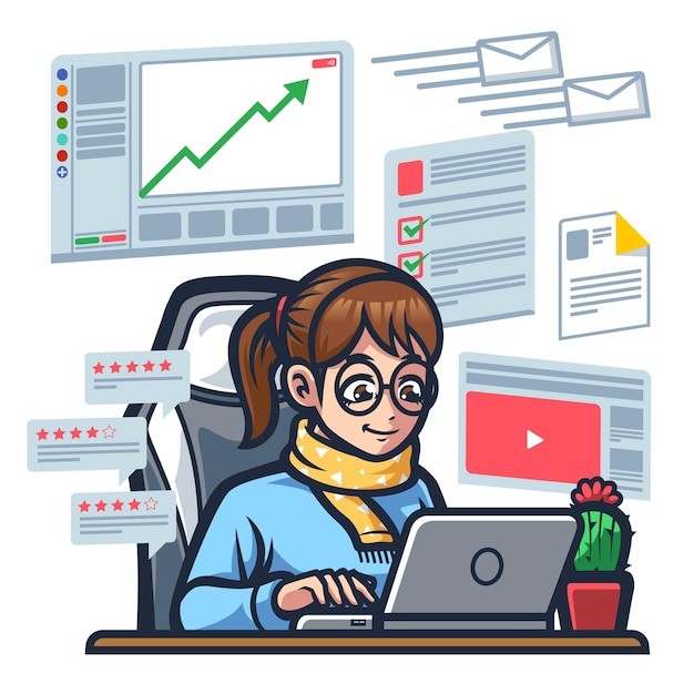 Female character working from home