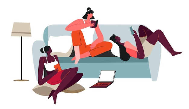 Female characters spending time at home reading books and browsing in web. Lazy women at weekends, resting and relaxing friends or sisters. Students in dormitory studying. Vector in flat style