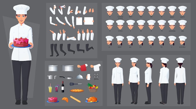 Vector female chef cook character creation and animation pack woman wearing white apron and hat lip sync