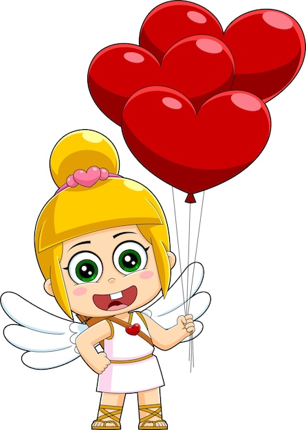 Female Chibi Cupid Baby Cartoon Character With Heart Balloons