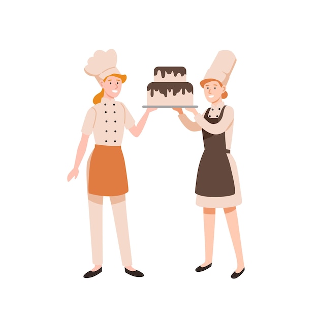 Female confectioners flat illustration. Pasty cookers holding two-tier cake with chocolate frosting isolated on white