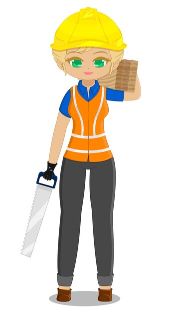 Female Construction Worker Carrying Wooden Planks and Holding a Saw