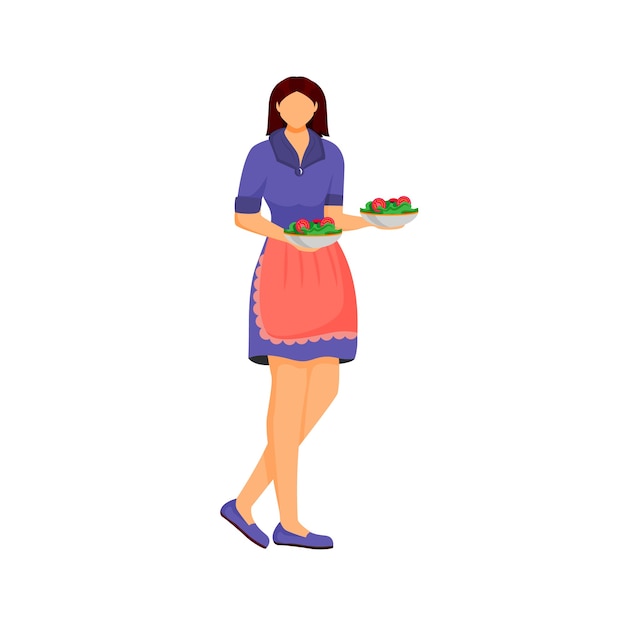 female cook with dishes flat design color faceless character