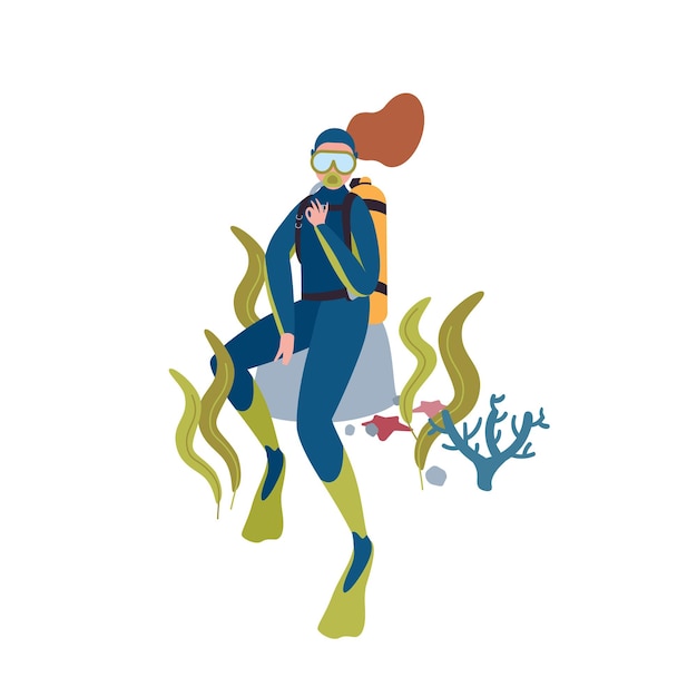 Female diver flat vector character illustration. Scuba diving hobby. Cartoon woman exploring ocean bottom with mask and aqualung isolated on white background. Active recreation, underwater swimming.