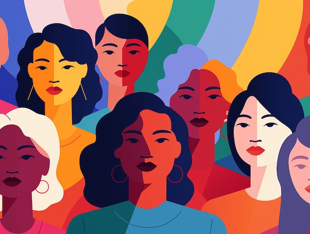 Vector female diverse faces of different ethnicity poster women empowerment movement pattern colorful international womens day 8 march graphic in vector illustration