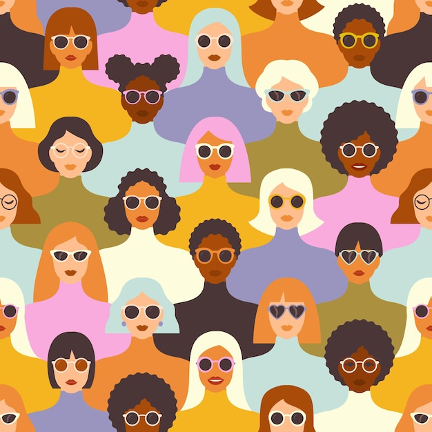 Female diverse faces of different ethnicity seamless pattern