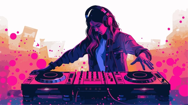 Vector female dj in nightclub flat vector style illustration