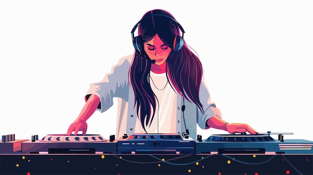 Vector female dj in nightclub flat vector style illustration