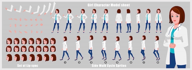 Female doctor Character model sheet with walk cycle animations and lip syncing