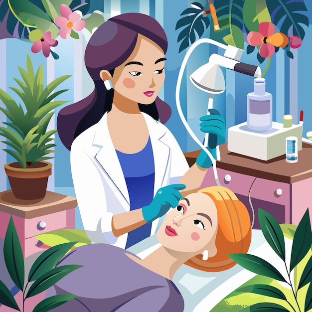 Vector a female doctor or esthetician in a white lab coat performs a facial on a patient