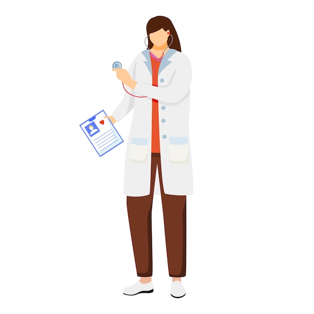 Female doctor flat  illustration. General practitioner holding patient card. Therapist, physician with stethoscope ready for checkup. Medical worker. Doc, medic, cardiologist cartoon character