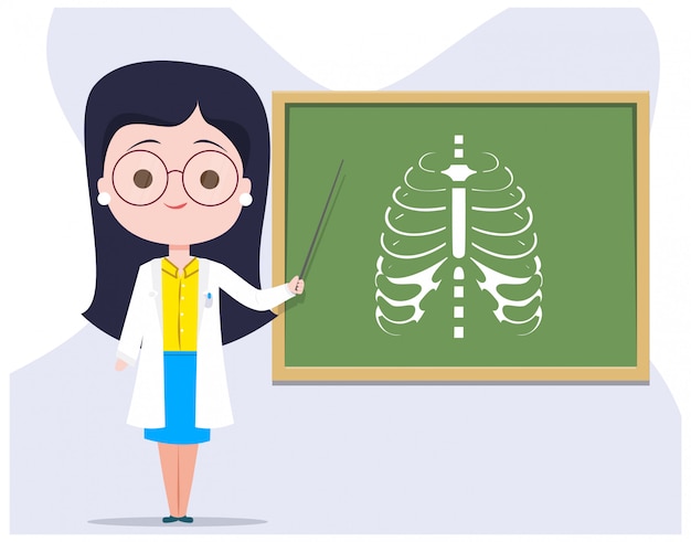 Female Doctor Girl Character Teacher Teaching a Rib Cage