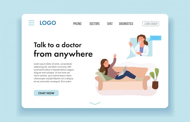 Female doctor giving online consultation to patient landing page template