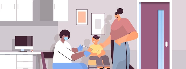 female doctor in mask vaccinating little child patient fight against coronavirus vaccine development concept horizontal portrait vector illustration