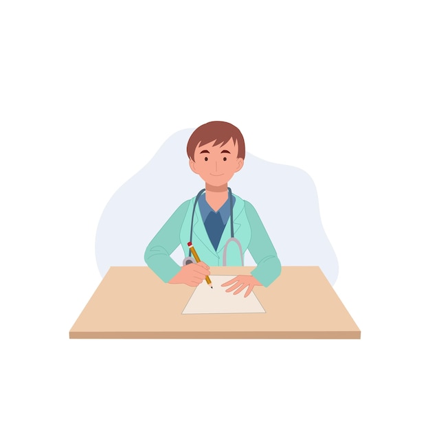 Female doctor in medical coats writing a medical report Flat Vector cartoon character illustration