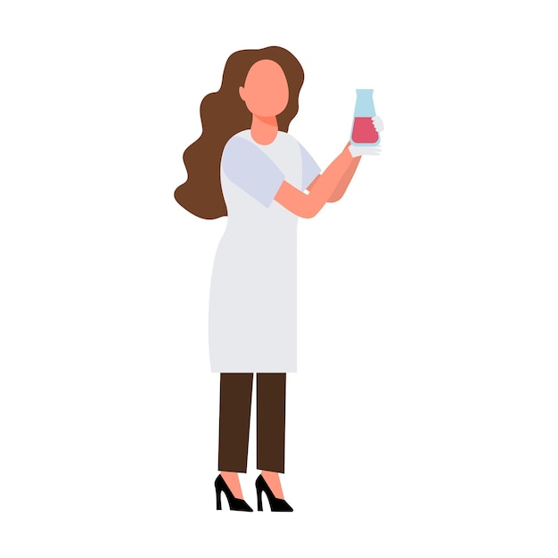 Female doctor nurse in gown, laboratory assistant holds and looks at test tube isolated woman.Vector