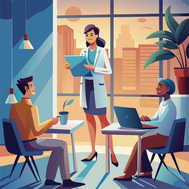 Vector a female doctor presenting a report to two colleagues one using a laptop in a modern office with cityscape view