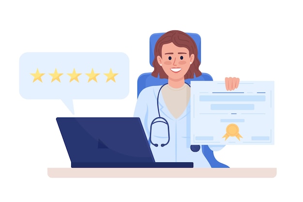 Female doctor reviews semi flat color vector character