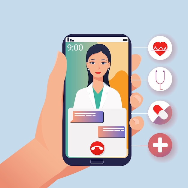 A female doctor on a smartphone screen offering telemedicine services flat vector illustration on a blue background healthcare concept Vector illustration