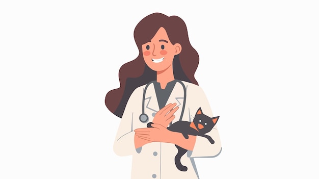 Vector a female doctor with a black cat in a white lab coat