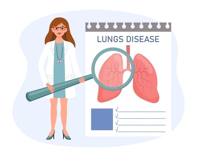 A female doctor with a magnifying glass examines the disease of the lungs the respiratory system