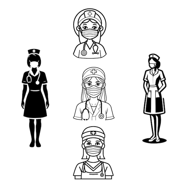 female doctors and nurses vector silhouette on white background