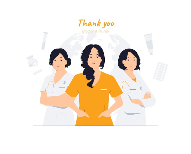 Female doctors and nurses in white coat with stethoscope Group of hospital medical staff standing together with arms crossed physicians surgeon paramedics Front line heroes concept illustration