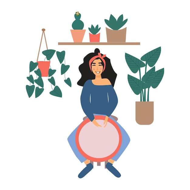 Female drummer. Vector illustration of a young woman playing drums.