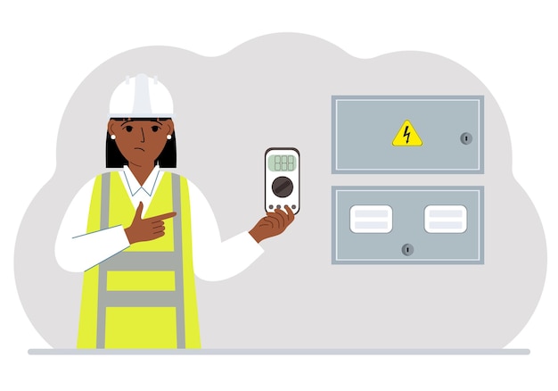 A female electrical engineer holds a digital multimeter in his hand and stands next to an electrical cabinet