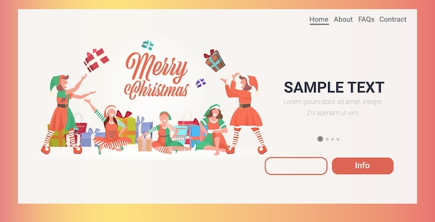 female elves team throwing gift present boxes merry christmas happy new year winter holidays celebration landing page