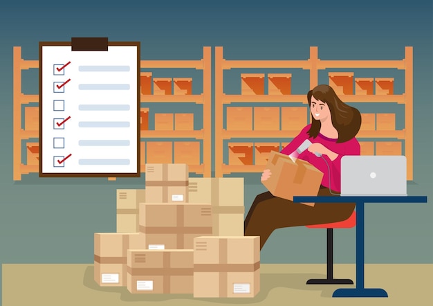 A female employee checks the quality of the parcel with a barcode scanner before delivering the product to the customer Service concept vector illustration