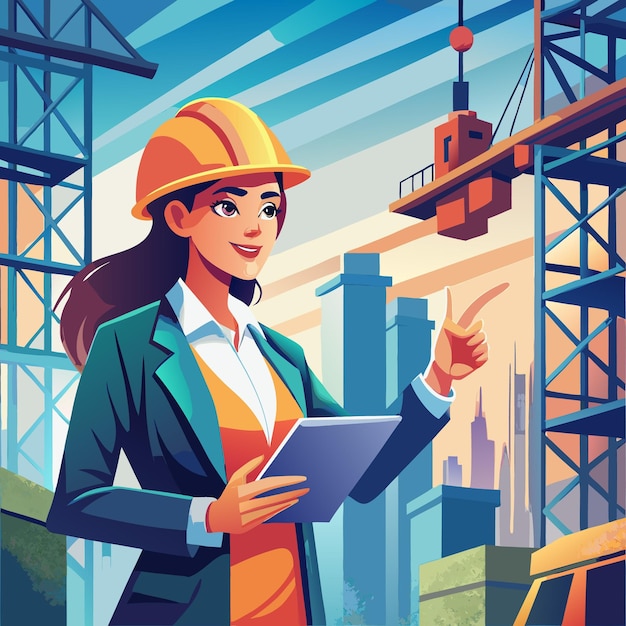 Vector a female engineer or architect in a hard hat is looking at a building with a tablet in her hand