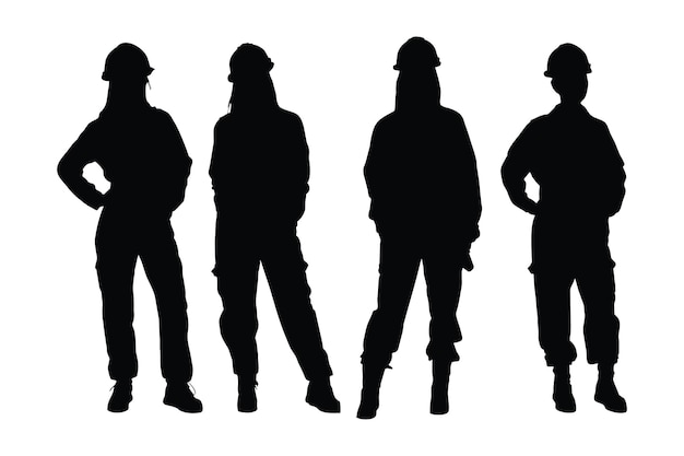 Female engineer wearing construction uniforms and standing silhouette collection Anonymous girl engineer and worker silhouette set vector Female engineer models with anonymous faces silhouette