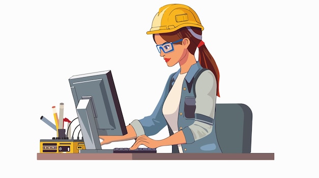 Vector female engineer working on projects mixed media flat vector isolated image