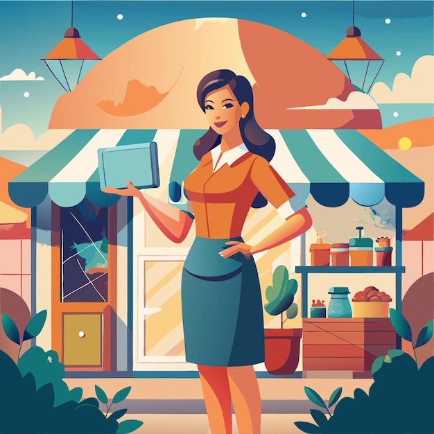 Female Entrepreneur Running a Market Stall Business Illustration