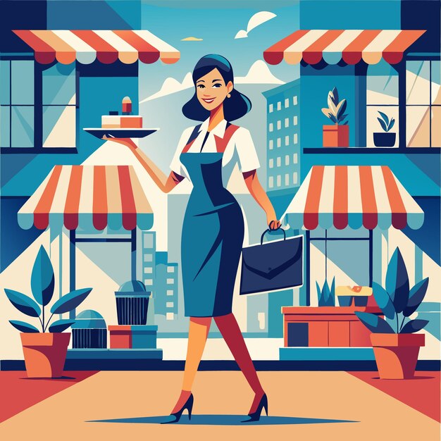 Vector female entrepreneur running a market stall business illustration