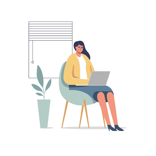 Female entrepreneur working with a laptop in a little office or home Vector illustration