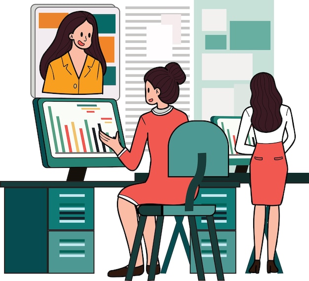 Female entrepreneurs are having online meetings illustration in doodle style