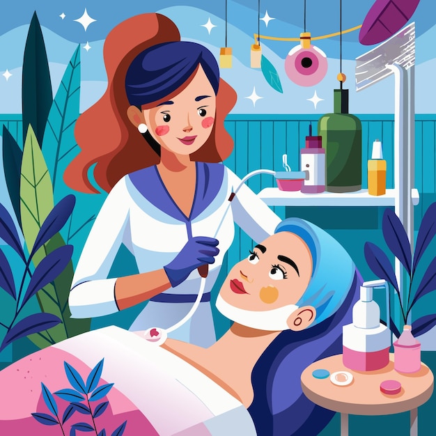 Vector a female esthetician is performing a facial treatment on a client the client is lying on a table and the esthetician is holding a tool to her face there are several beauty products on the table