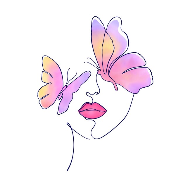 Vector female face with multicolored butterflies in minimal style 
 isolated on white background