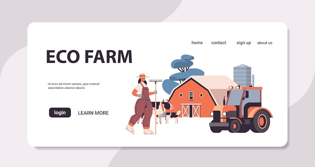 female farmer in uniform holding rake eco farming agriculture concept horizontal landing page full length copy space vector illustration