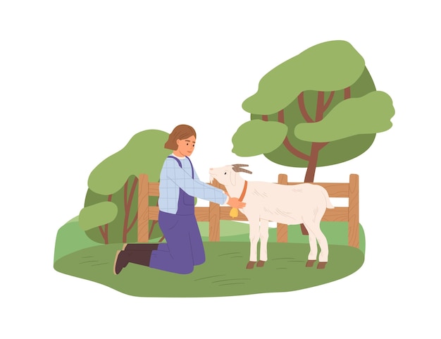 Female farmer with goat on yard. Happy woman in uniform and domestic animal on farm in summer. Rural lifestyle. Stock raising in nature. Flat vector illustration isolated on white background.