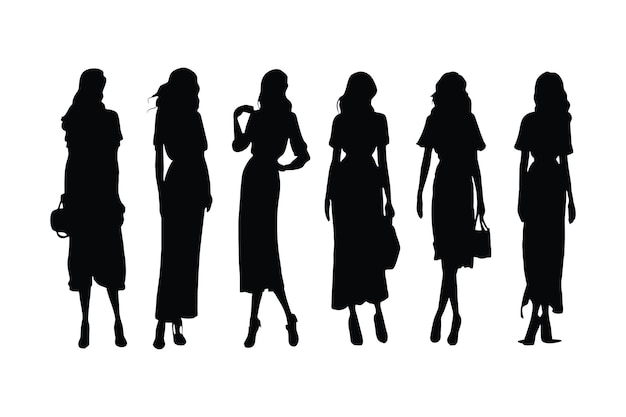 Female fashion designers standing in different poses silhouette set vector Anonymous female model without faces standing in different positions Modern actor and model silhouette bundle design