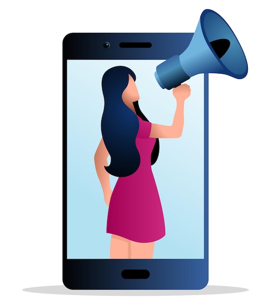 Female figure comes out from cellphone using megaphone