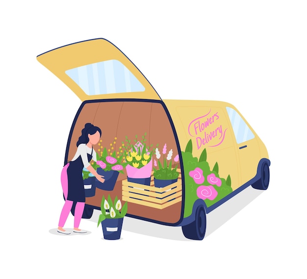 Female florist unloading auto with flowers flat color faceless character