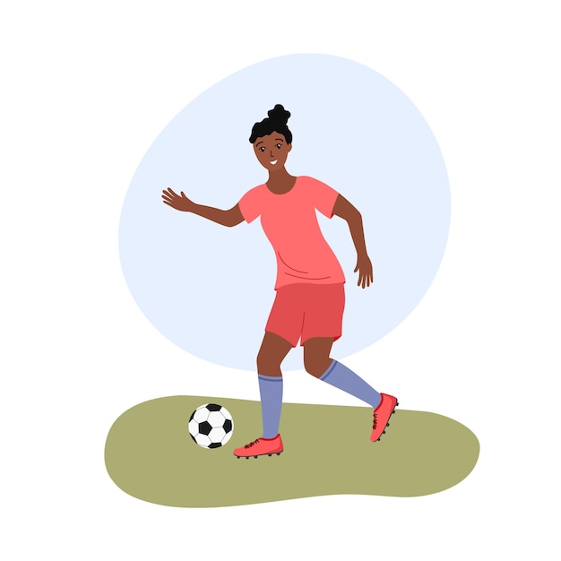 Female football Womens soccer game Vector illustration of african american woman playing football