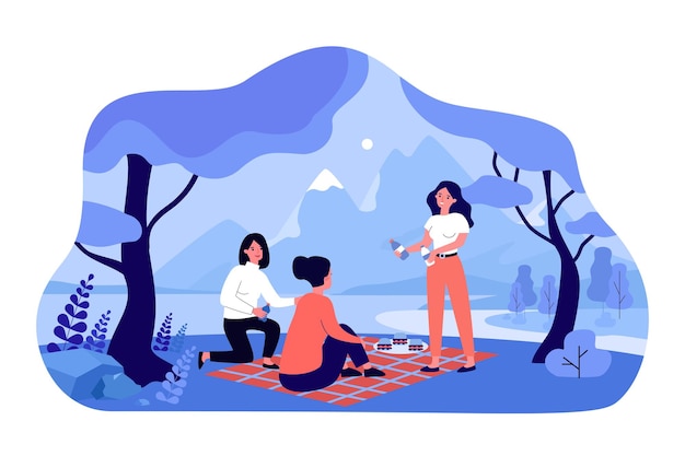 Female friends meeting for picnic on river beach in forest. Young women sitting on plaid, eating fast food flat vector illustration. Friendship concept for banner, website design or landing web page