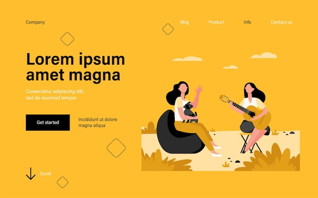 Female friends and pet relaxing outdoors landing page in flat style